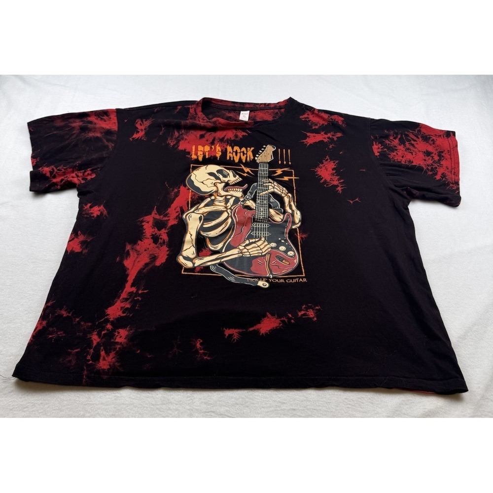 Romwe Women's XL Black Red Tie-Dye Let's Rock Skeleton Guitar Graphic T-Shirt